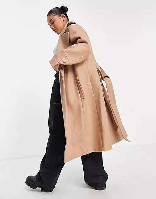 Ever New Curve wrap tie smart midi formal coat in camel | ASOS (Global)