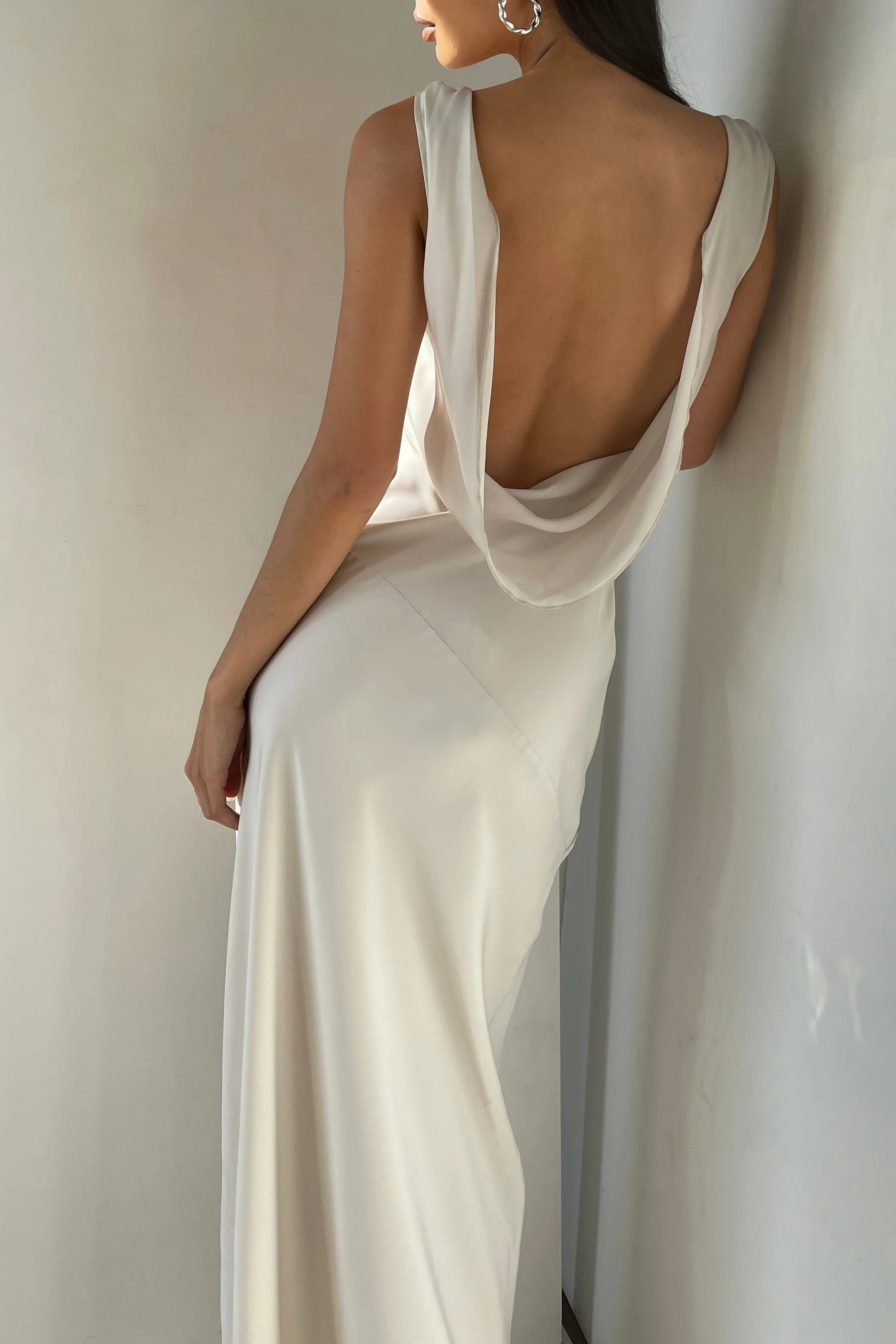 Nadia Maxi Satin Dress With Back Cowl - Silver | MESHKI US