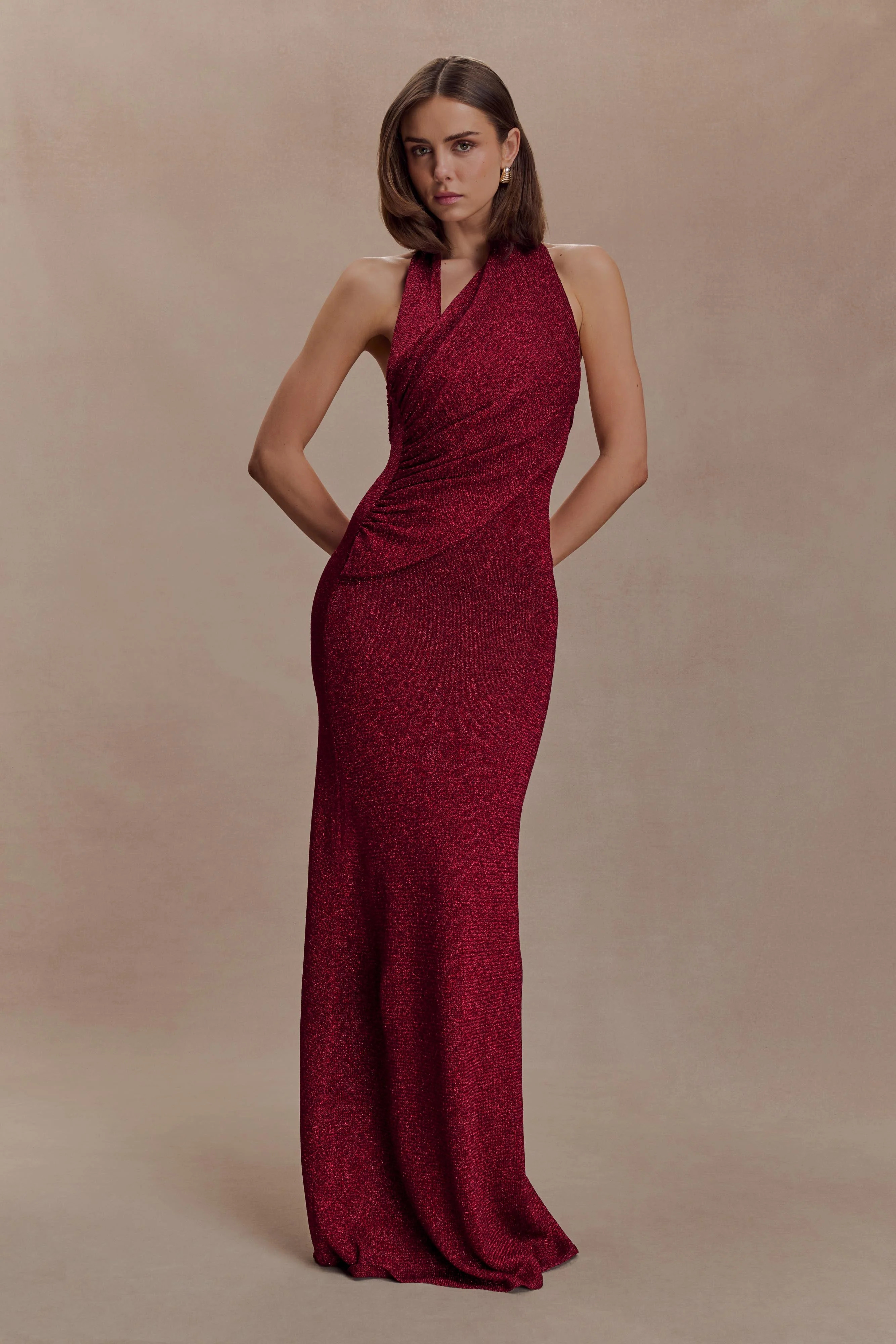 Elma Lurex Knit Halter Maxi Dress - Deep Red | MESHKI US
