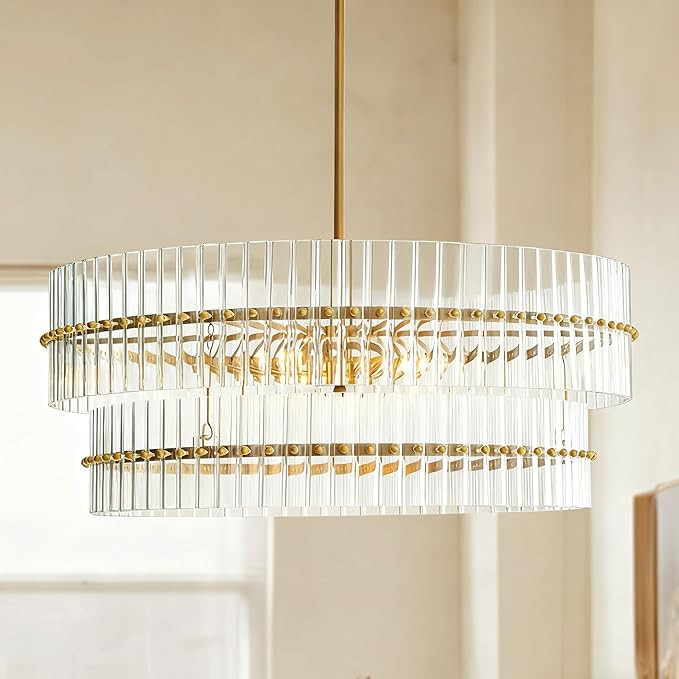 Modern Brass Round Crystal Chandeliers, Luxury 2-Tier Fluted Glass Light Fixture with Brass Frame... | Amazon (US)