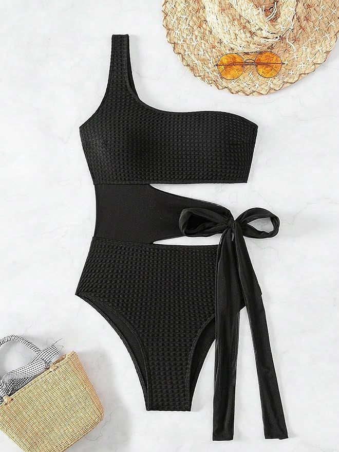 Women's Solid Cut Out Side Tie One Shoulder One Piece Swimsuit Bathing Suits Swimwear Beachwear | Amazon (US)