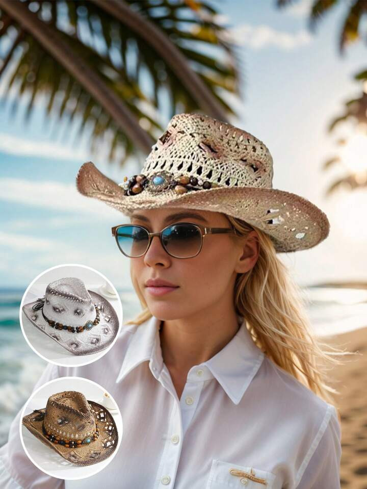 1pc Straw Cowboy Hats Cowgirl Woven Hand Knitting Sun Hats Western Cowboy Hats Foldable Roll Up C... | SHEIN