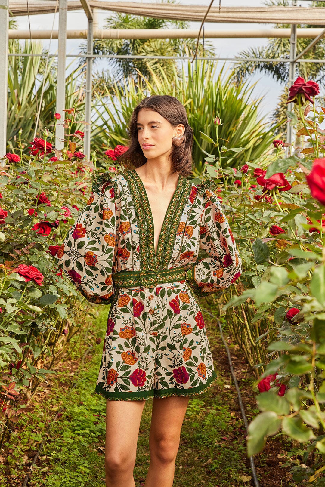 Sand Garden Tapestry Organic Cotton Romper, GARDEN TAPESTRY SAND / XS | FarmRio (US)