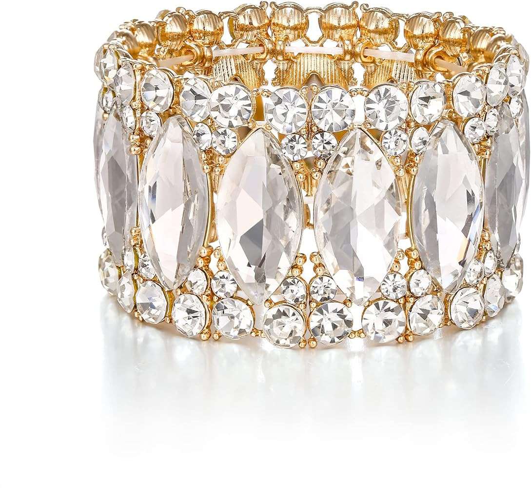 BriLove Wedding Bridal Elegant Crystal Double Row Rhinestones Marquise Cluster Stretch Bangle Bra... | Amazon (US)