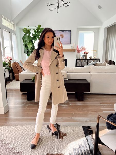 Spring outfit with pink knit top paired with cream work style pants and trench coat for a classic look. Top is a size XS and bottoms are a size 00! Both are 20% off for your first purchase with code HKCUNG20! Love this outfit for workwear, lunches and more 

#LTKsalealert #LTKworkwear #LTKstyletip