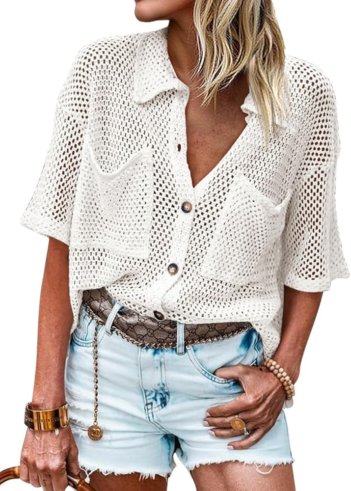 Fisoew Womens Crochet Lightweight Cardigan Sweaters Short Sleeve Summer Button Down Collared Loos... | Amazon (US)