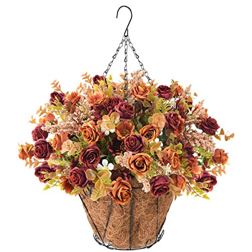 Homsunny Artificial Fall Hanging Flowers for Outdoor Decoration,Fake Silk Rose Flower Arrangement,Faux Plant with Flower Baskets Pot for Home Patio Lawn Garden Porch Decor(Bucket Basket) | Amazon (US)
