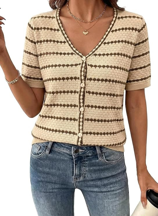 Dokotoo Cardigan Sweaters for Women Spring Summer Short Sleeve Crochet Striped V Neck Button Casu... | Amazon (US)