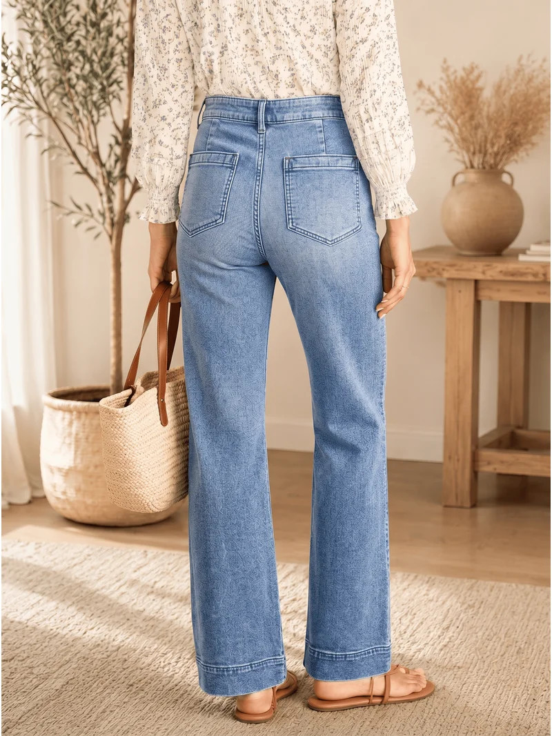 DOKOTOO Women's Wide Leg Jeans High Waisted Stretchy Straight Leg Denim Pants with Pockets Loose ... | Walmart (US)
