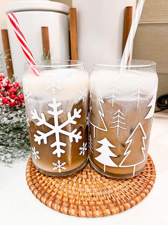 Christmas Tree 16oz Coffee Cup Snowflake Glass Drinkware | Etsy | Etsy (US)