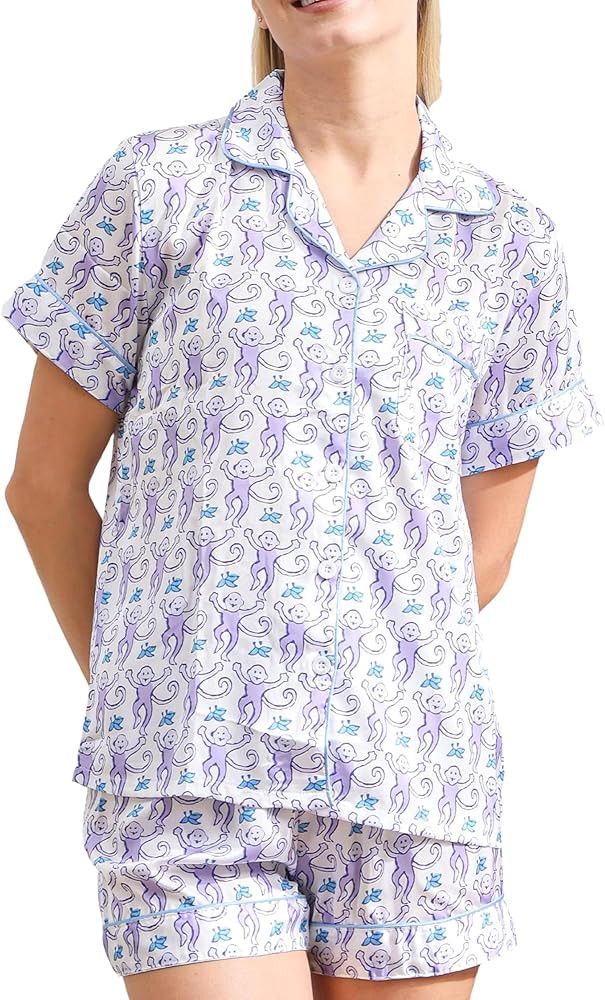 Women Y2k Pajamas Set Silk Satin Short Sleeve Button Down Top and Shorts Monkey Sleepwear Preppy ... | Amazon (US)
