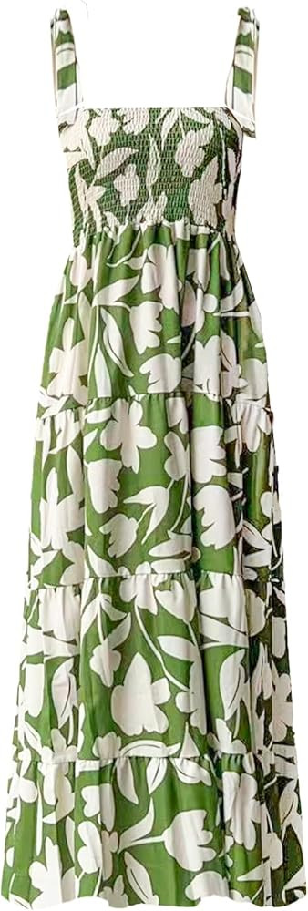 kinstell Women's Summer Boho Spaghetti Strap Square Neck Ruffle Casual Flowy Long Dress Beach Swi... | Amazon (US)