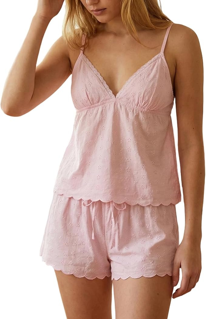 Women's Lace V Neck Cami Shorts Set Embroidered Cotton Pajama Set Adjustable Spaghetti Strap Slee... | Amazon (US)