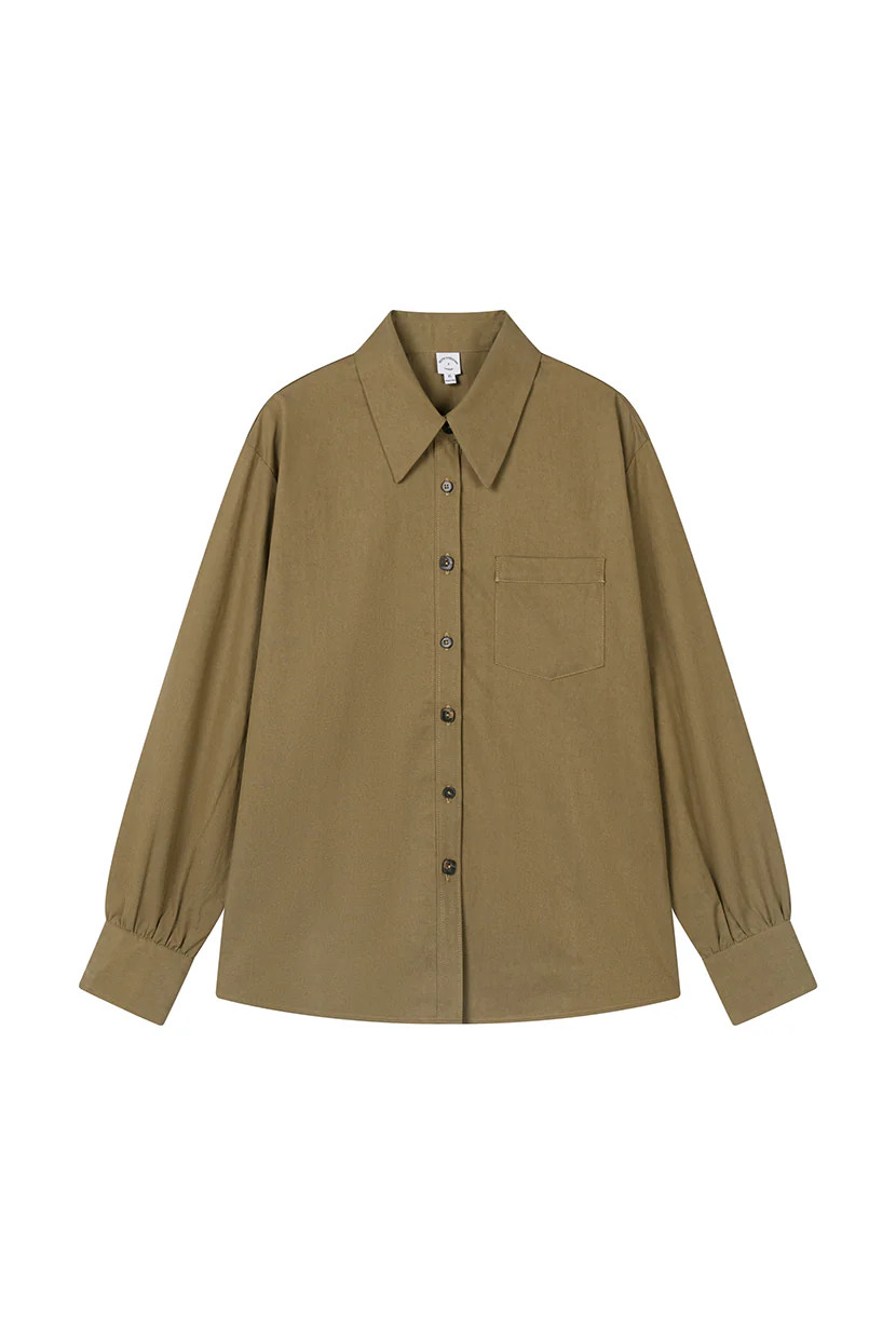 Brenda Cotton Blend Shirt - Olive Brown | Petite Studio NYC