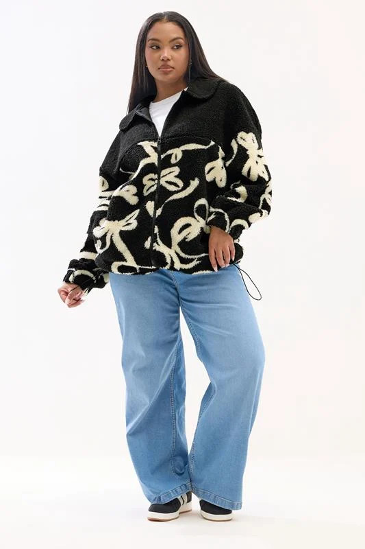 YOURS Plus Size Black Abstract Print Teddy Fleece Jacket | Yours Clothing UK