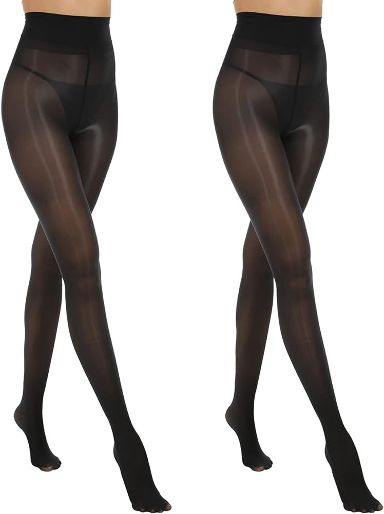 MANZI 2 Pairs Women's Shiny Sheer Tights High Waist Silk Comfort Stockings Oil Shimmery Nylons Pa... | Amazon (US)