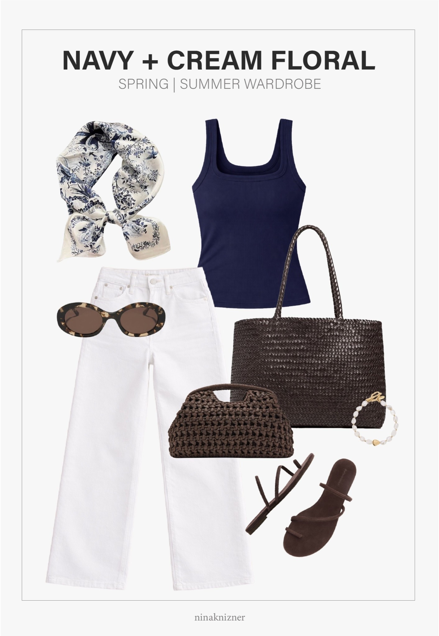 A fresh way to introduce florals into your warm weather capsule wardrobe. White jeans and a navy tank are a must, and when pairing it with dark browns, it becomes such a modern color palette. 

Highly recommend this ribbed amazon tank, the fit and material is superb!! Comes in a variety of colors. I have it in navy, white, and dark brown.

The brown straw clutch is such a gem, roomy enough to carry all the essentials and then some. It’s also really versatile, but the woven texture brings a lot of interesting to your essential clothing items.


- Amazon - Jerla Mulberry Silk in Flowers and Birds Blue
- Amazon - Ribbed Built in Bra Tank Top in Navy
- DIFF Eyewear - Lainey Oval Sunglasses in Espreso Tortoise Brown Sunglasses
- Banana Republic - The Icon Classic-Wide Leg Jean in White
- Madewell - The Handwoven Leather Tote in Coffee Bean
- Mango - Natural Fibre Handbag in Chocolate
- Ettika - Freshwater Pearl Bracelet in Gold
- Reformation - Ludo Toe Ring Strappy Flat Sandals in Espresso Suede

#spring #springoutfits2026 #womenspringoutfits #summer #summeroutfits2026 #womensummeroutfits  #traveloutfits #summer #destinations #beachoutfit #beachvacation #coastal #westcoast #coastalcalifornia #vacation #mediterranean #europeansummer #essentials #staples #capsulewardrobe #minimalist #accessories #ovalsunglasses #brownsunglasses #jeans #whitejeans #tank #leather #springbag #summerbag #vacationbag #tote #brown #woven #bag #straw #raffia #clutch#jewelry #pearl #bracelet #brown #sandals #strappysandals #flats #slipons #shoes #springshoes #summershoes #travelshoes 

#LTKSeasonal #LTKootd #LTKTravel