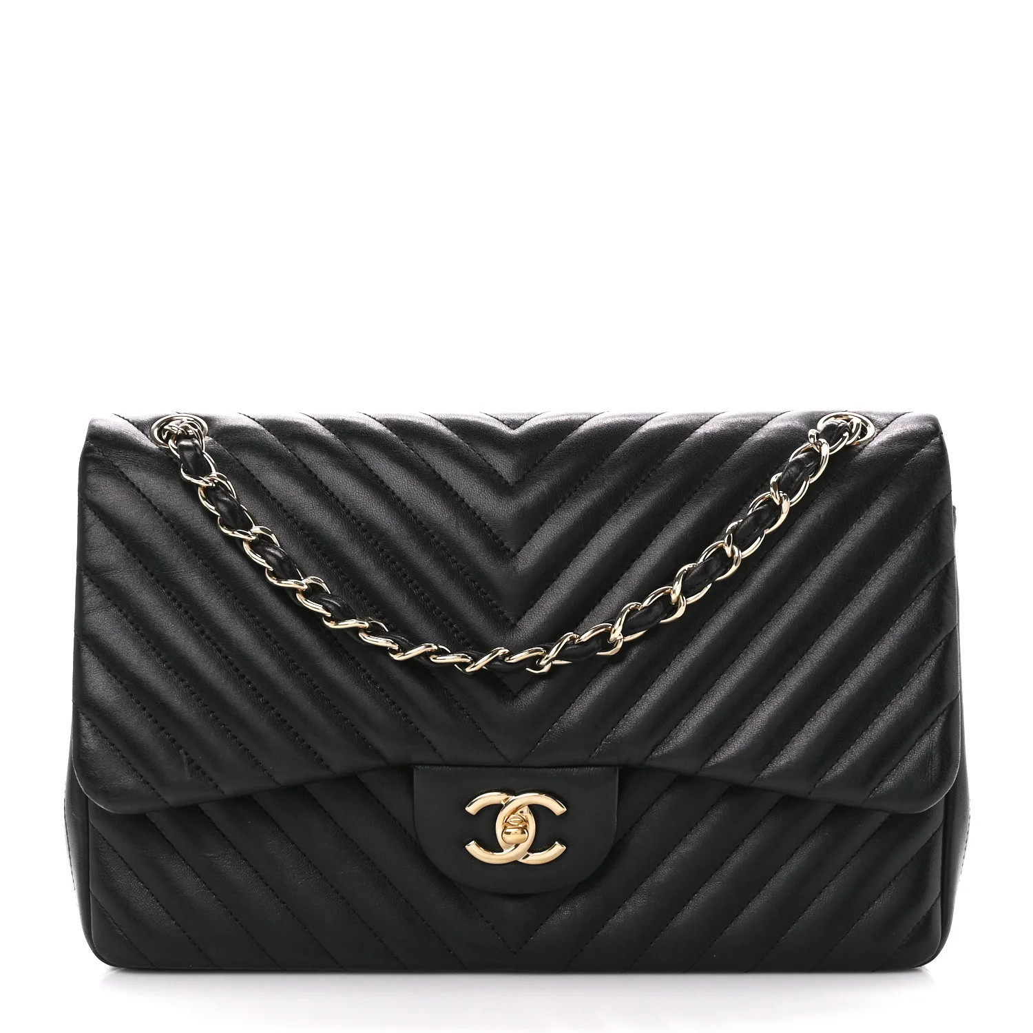 Lambskin Chevron Quilted Jumbo Double Flap Black | FASHIONPHILE (US)