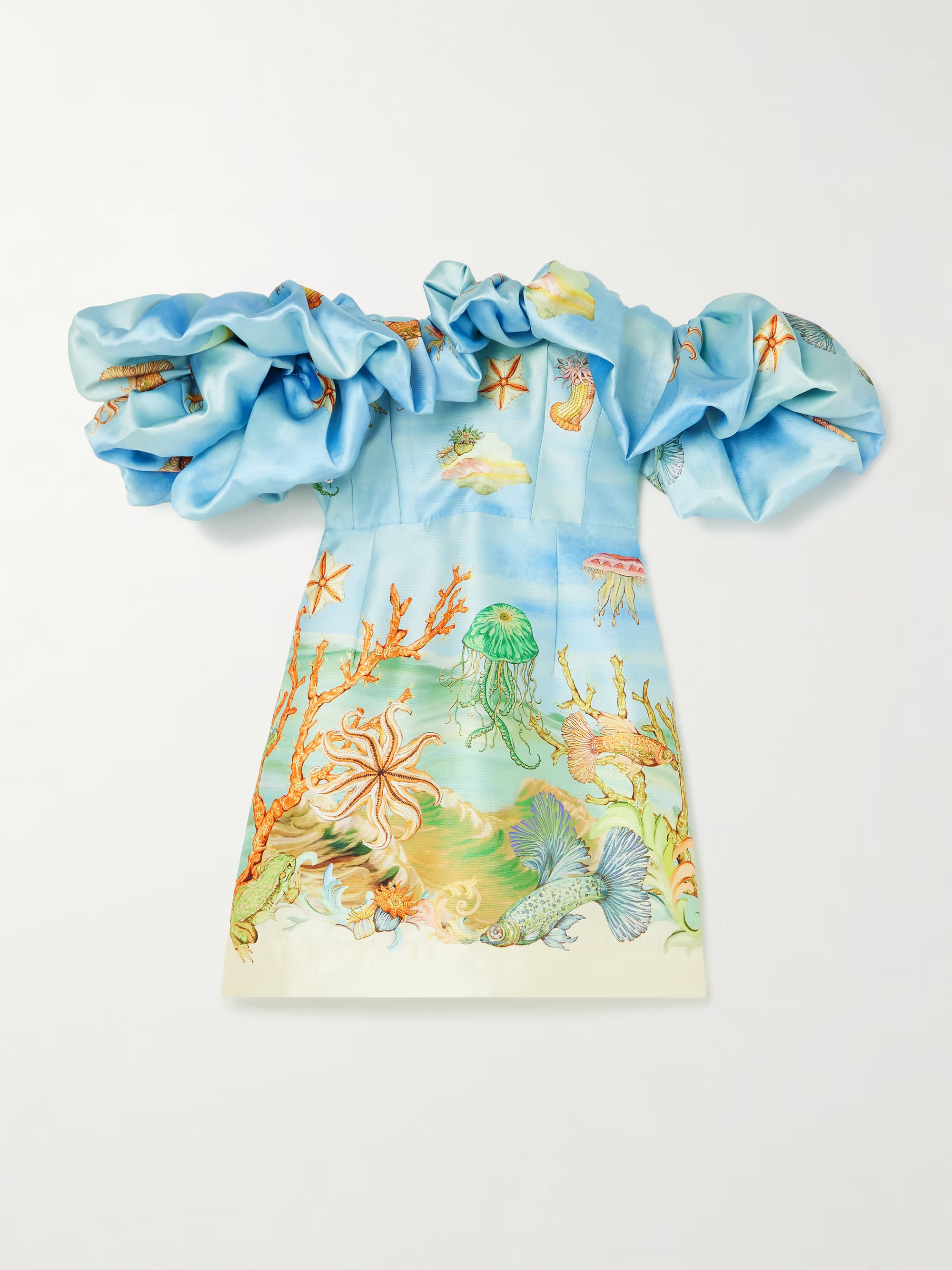 + Sam Pauletto Emerald Cove off-the-shoulder gathered printed recycled Duchesse-satin mini dress | NET-A-PORTER (US)