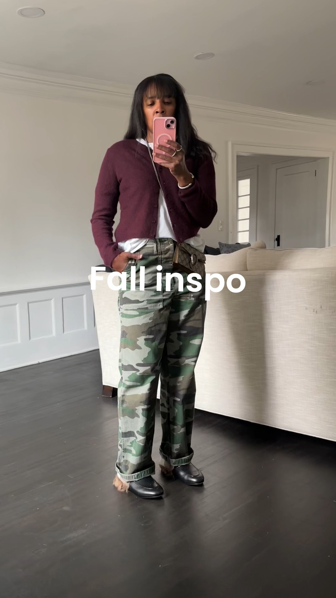 Fall outfit army fatigue pants burgundy cardigan gucci mules white shirt crossbody #style #nyc #fashion 

#LTKOver40 #LTKStyleTip #LTKItBag