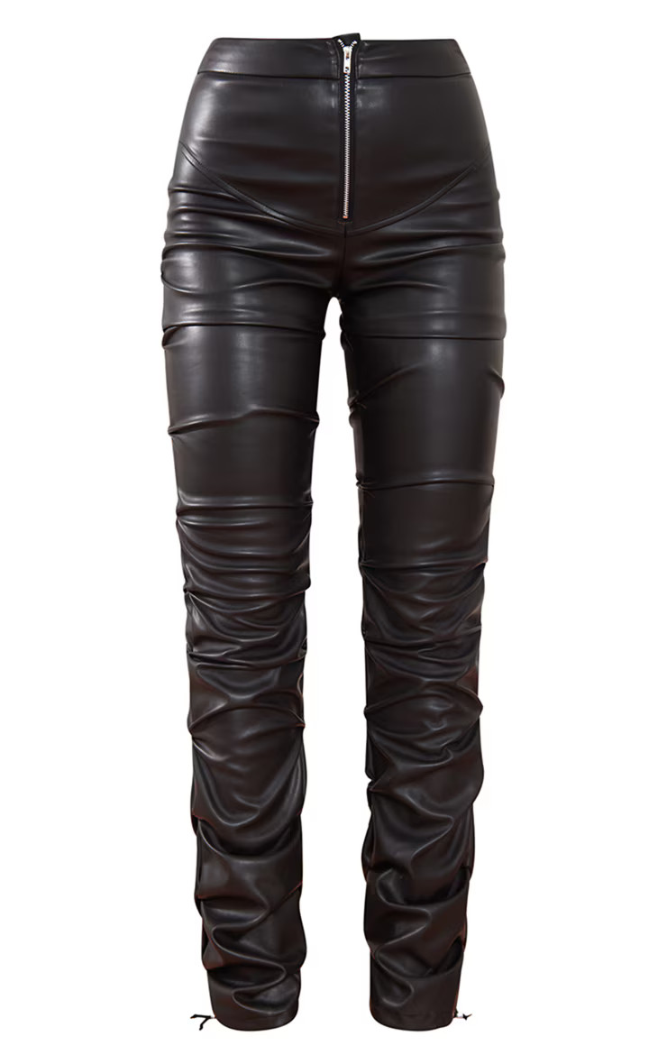 Black Faux Leather Zip Front Ruched Detail Skinny Pants | PrettyLittleThing US