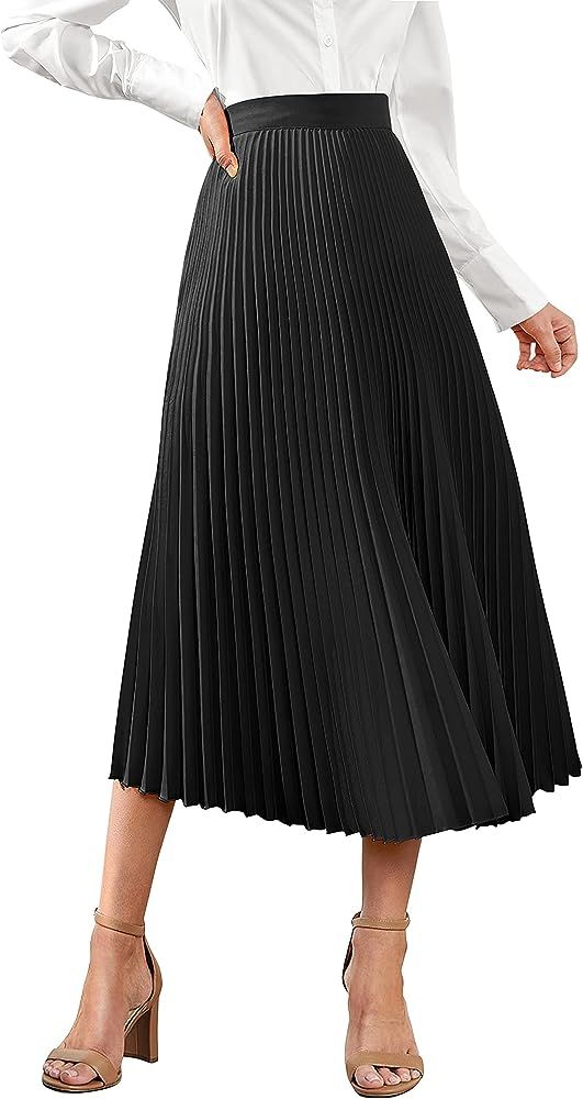 PRETTYGARDEN Women's Summer Satin Midi Skirt Casual High Waisted A Line Pleated Ruffle Flowy Maxi... | Amazon (US)