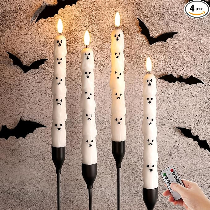 Halloween Flameless Taper Candles with Remote, Spooky White Ghost LED Candlesticks Battery Operat... | Amazon (US)