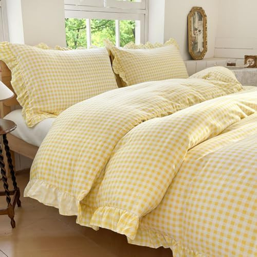 NSNLGSGC Yellow Gingham Ruffle Duvet Cover King Size, 3 Pieces Soft Pre-Washed Microfiber Checked... | Amazon (CA)