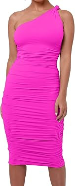 Sexy Women's One Shoulder Sleeveless Ruched Bodycon Midi Stretchy Pencil Club Dress | Amazon (US)