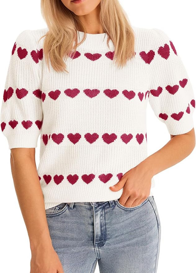 Saodimallsu Womens Heart Striped Sweaters Valentines Puff Short Sleeve Sweaters Cute Lightweight ... | Amazon (US)
