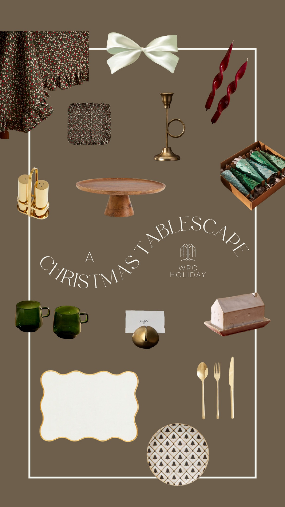 A collection of decor and serving items to make a festive tablescape. Holiday tablecloth with matching napkins, tapered candles, green glass mugs, placemat, tree patterned plate, brass cutlery, butter dish, name holders, Christmas crackers

#LTKHolidaySale #LTKSeasonal #LTKHoliday