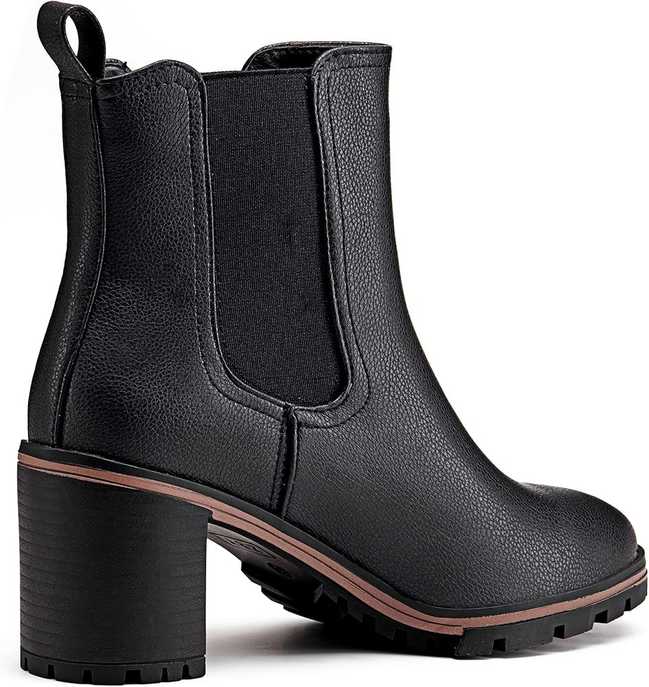 LAICIGO Womens Chelsea Ankle Boots Slip on Chunky Block Mid Heel Leather Pointed Toe Lug Sole Elasti | Amazon (US)
