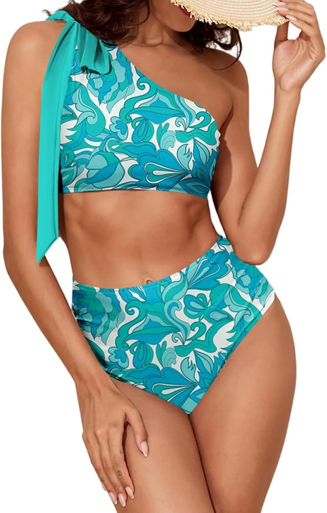 Herseas Women's One Bow Shoulder Bikini Sets 2 Piece Ruched Swimsuit Elegant Bathing Suit | Amazon (US)