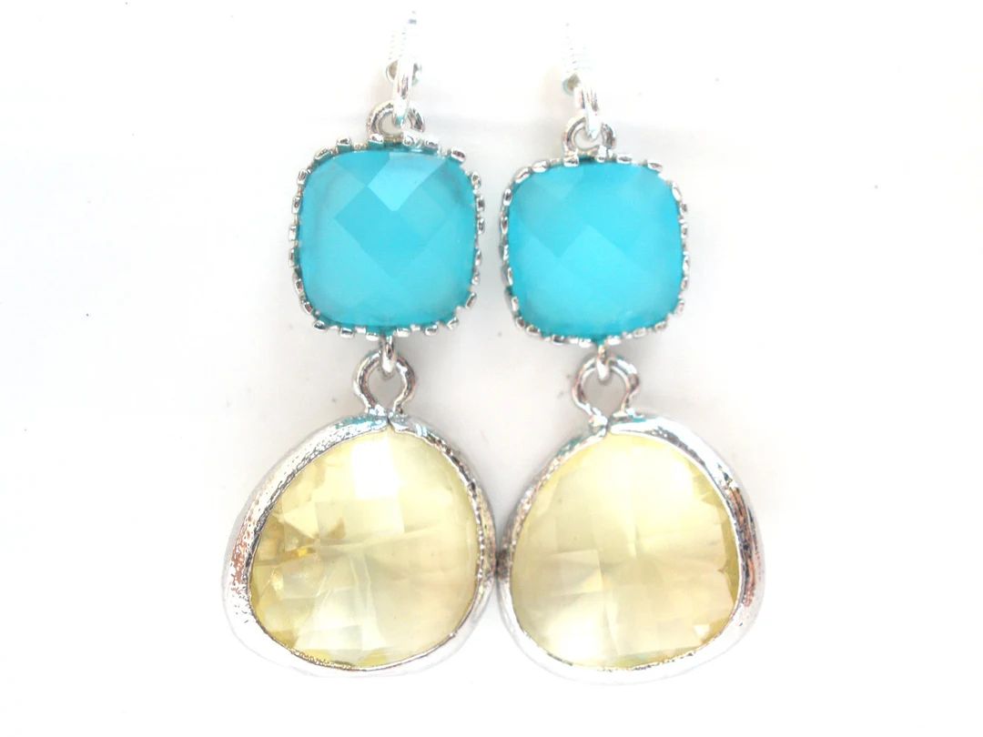 Glass Earrings, Mint Blue Earrings, Yellow Earrings, Turquoise, Wedding, Bridesmaid Earrings, Bri... | Etsy (US)