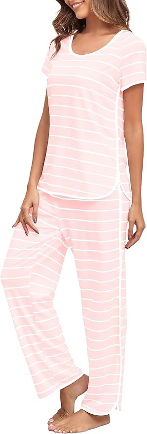 FKEEP Stripe Pajamas Set Women Two-Piece Nightwear Short Sleeve Sleepwear Soft Side Split Loungew... | Amazon (US)
