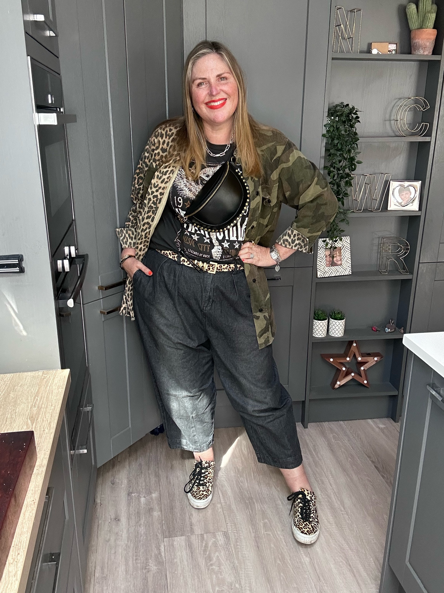 Camo jacket, band tshirt, black jeans , trainers , cross body bag 

#LTKplussize #LTKSeasonal #LTKstyletip