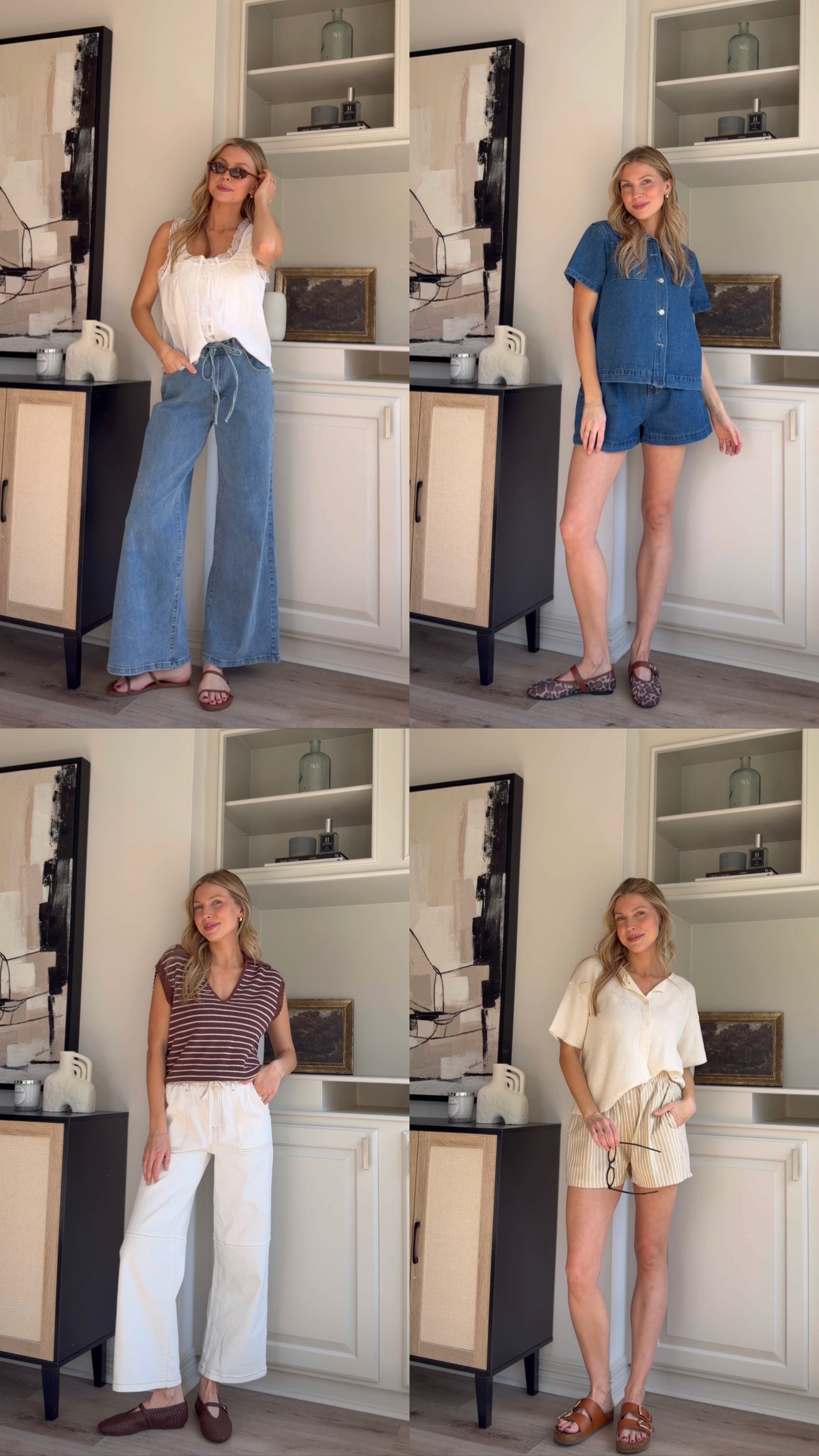 Cute but elevated everyday mom outfits | Wearing M lace top, 4 denim, M denim set, S sweater vest, 4 white denim, M cream cardigan + M boxer shorts  

 