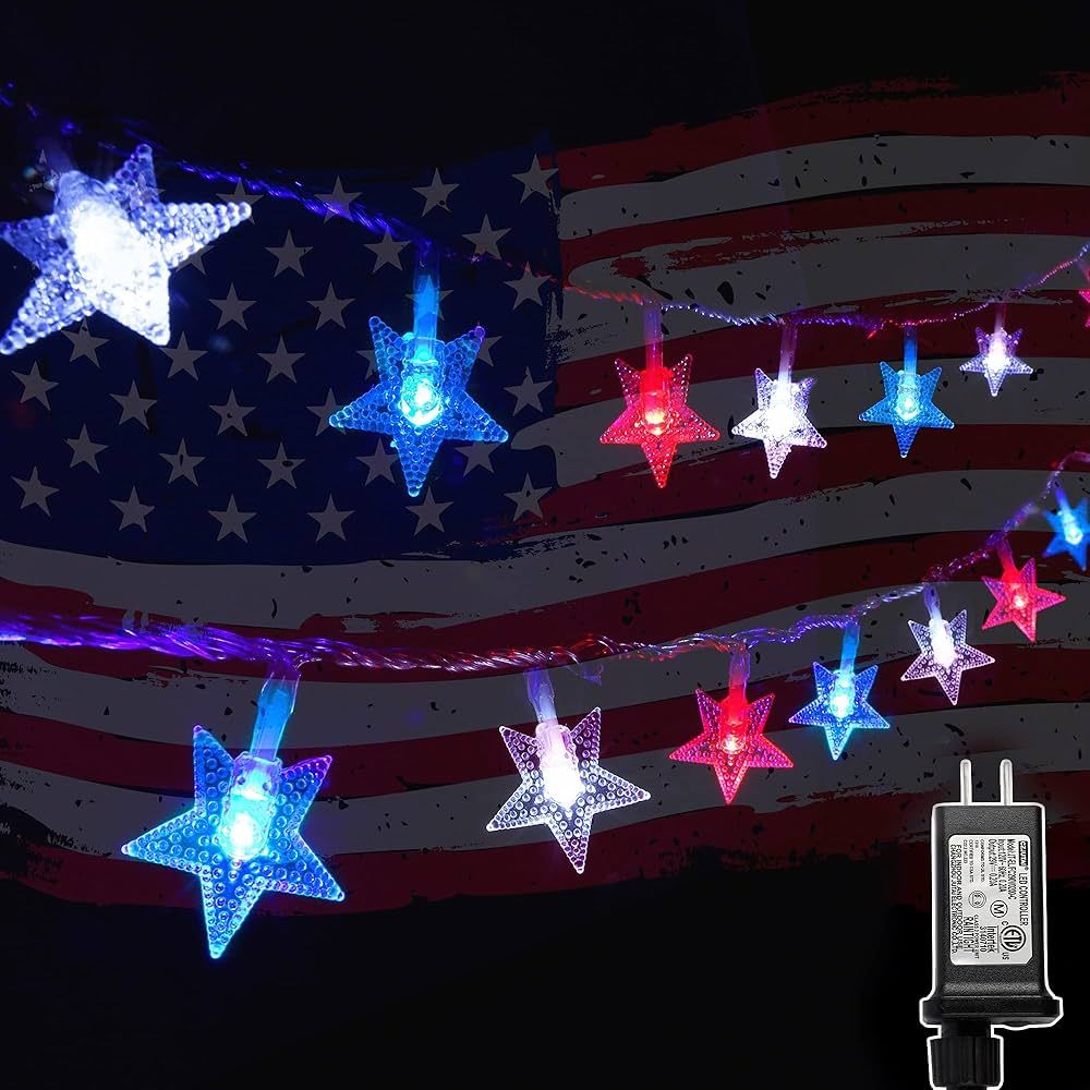 Twinkle 100 LED 49FT Red White Blue Star String Lights, 4th of July Decoration Lights, Plug in Fa... | Amazon (US)