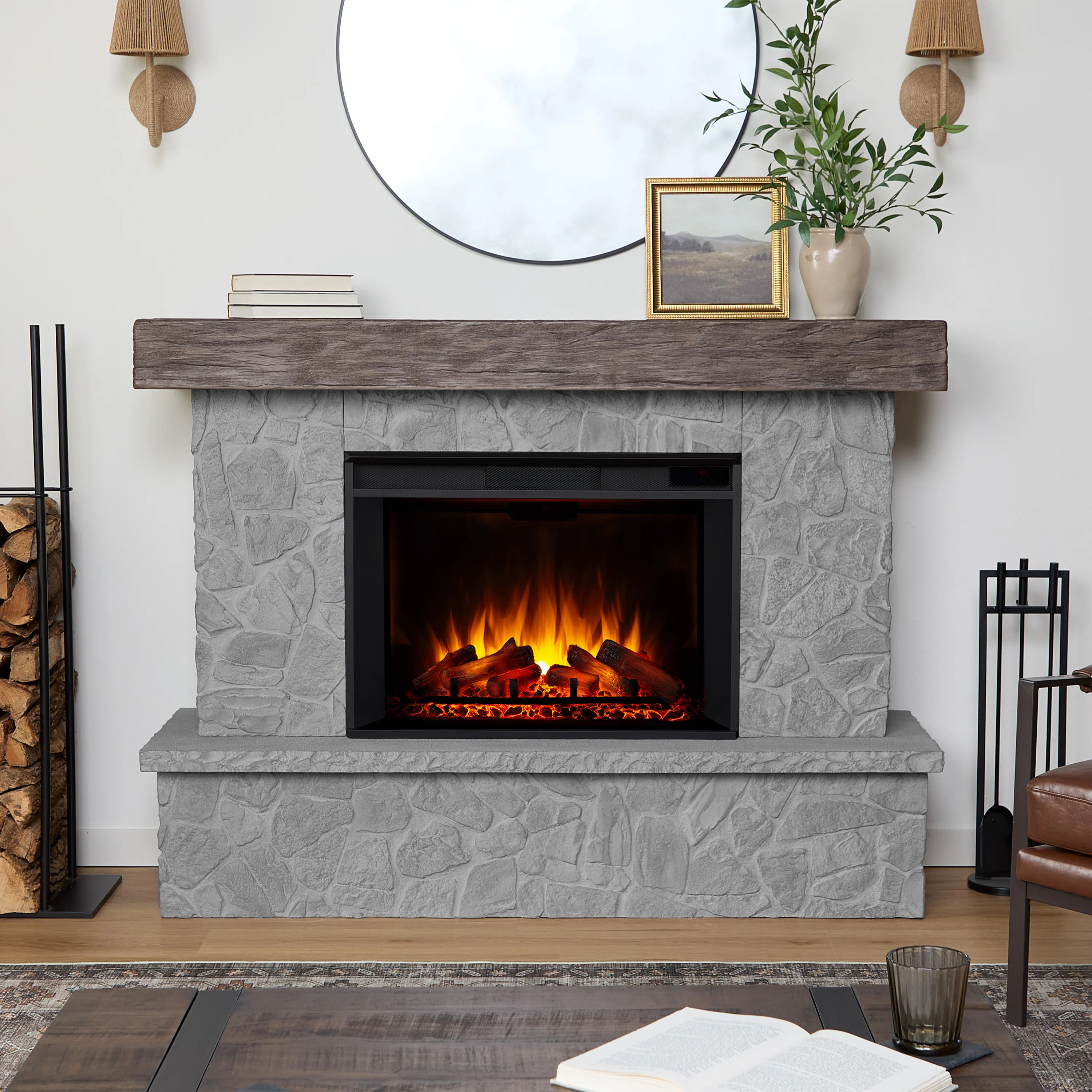 Real Flame Odette 64" Grand Electric Fireplace, Natural Look of Stacked Stone | Wayfair North America