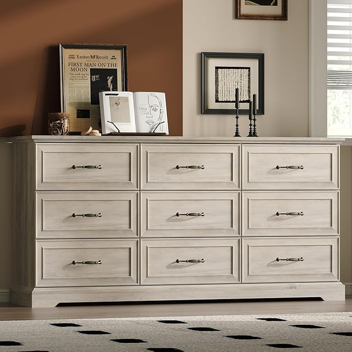 Farmhouse 9 Drawers Dresser for Bedroom, 63" Wide Modern Chest of Drawers with Deep Drawers & Bar... | Amazon (US)
