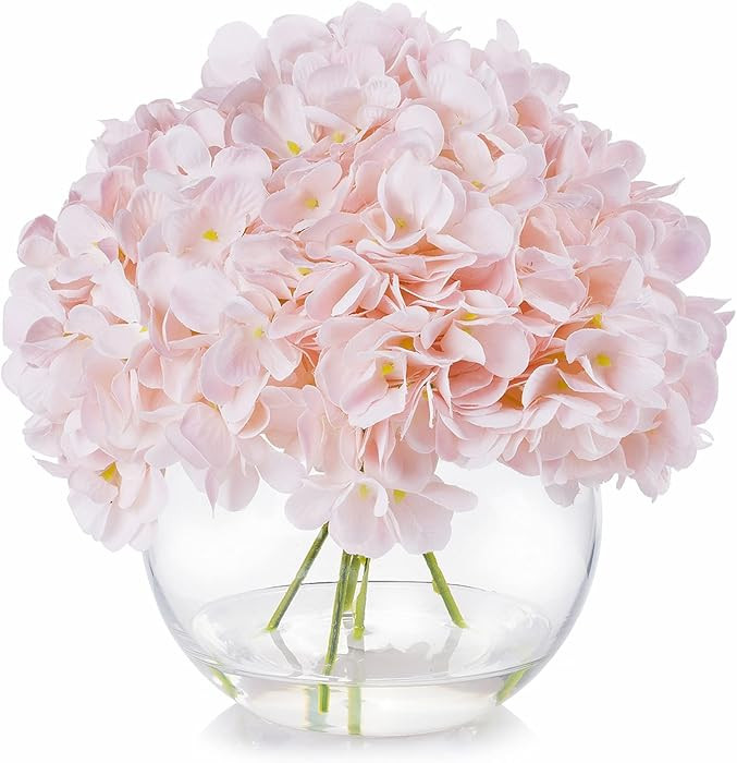 ENOVA FLORAL Silk Hydrangea Artificial Flowers in Vase with Faux Water, Pink Hydrangea Artificial... | Amazon (US)