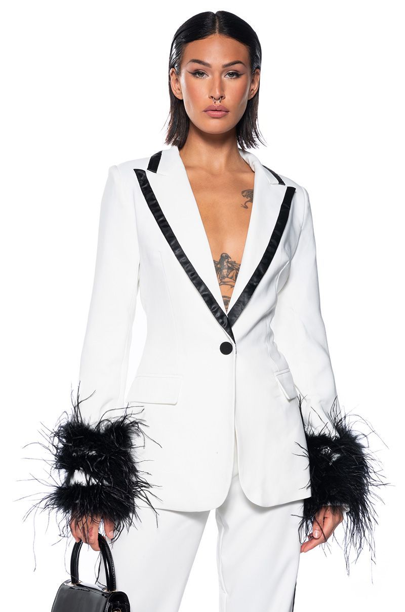 ATLANTIC CITY CONTRAST TRIM BLAZER WITH FEATHER CUFFS | AKIRA