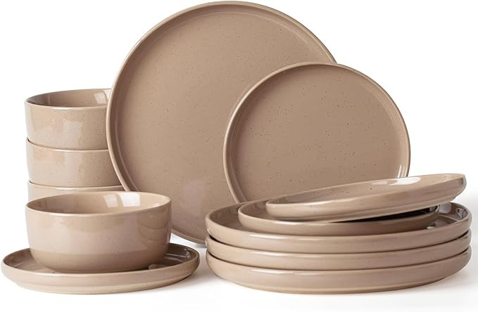 Famiware Milkyway Plates and Bowls Set, 12 Pieces Dinnerware Sets, Dishes Set for 4, Cinnamon Bro... | Amazon (US)