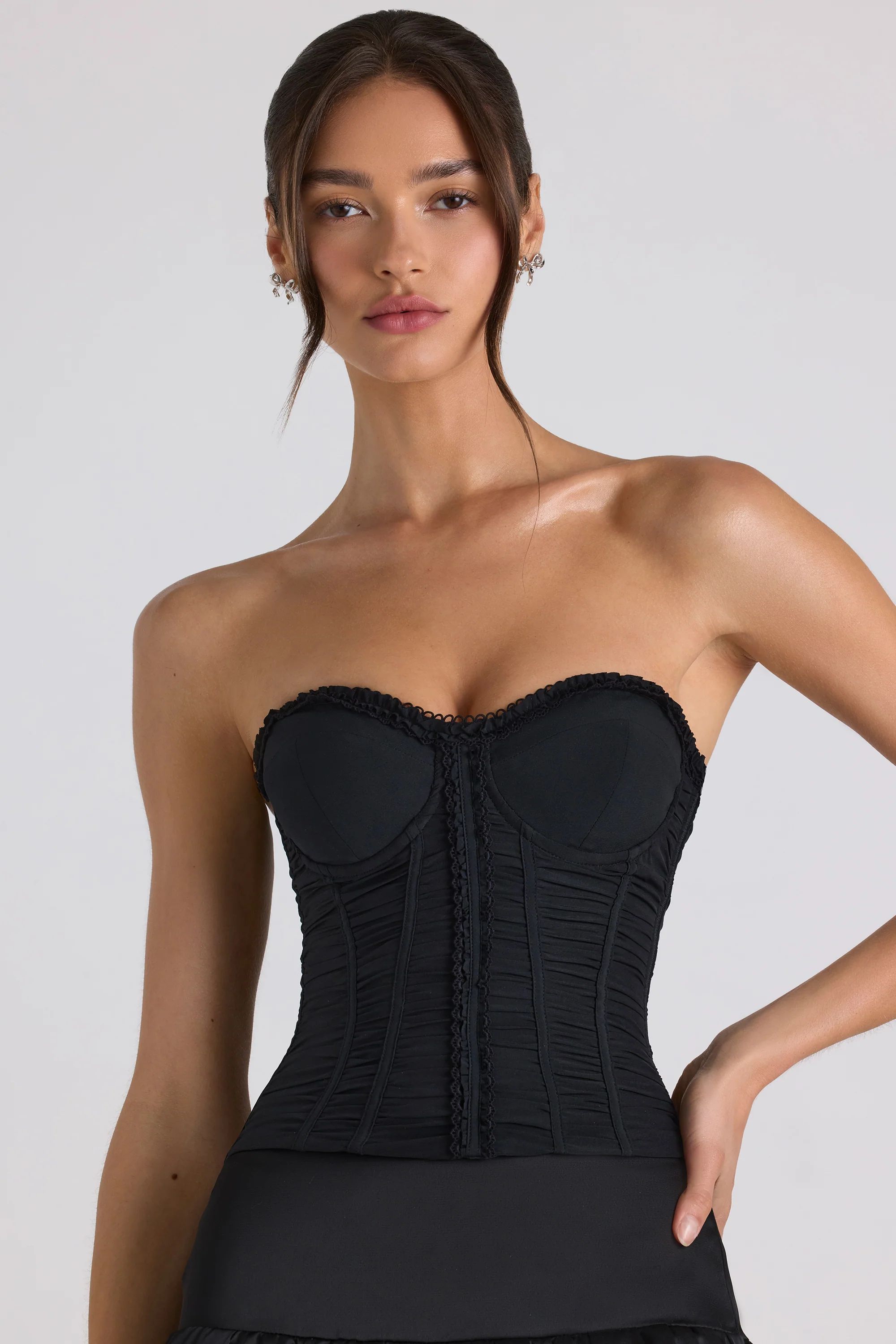 Ruched Lace-Up Strapless Corset Top in Black | Oh Polly