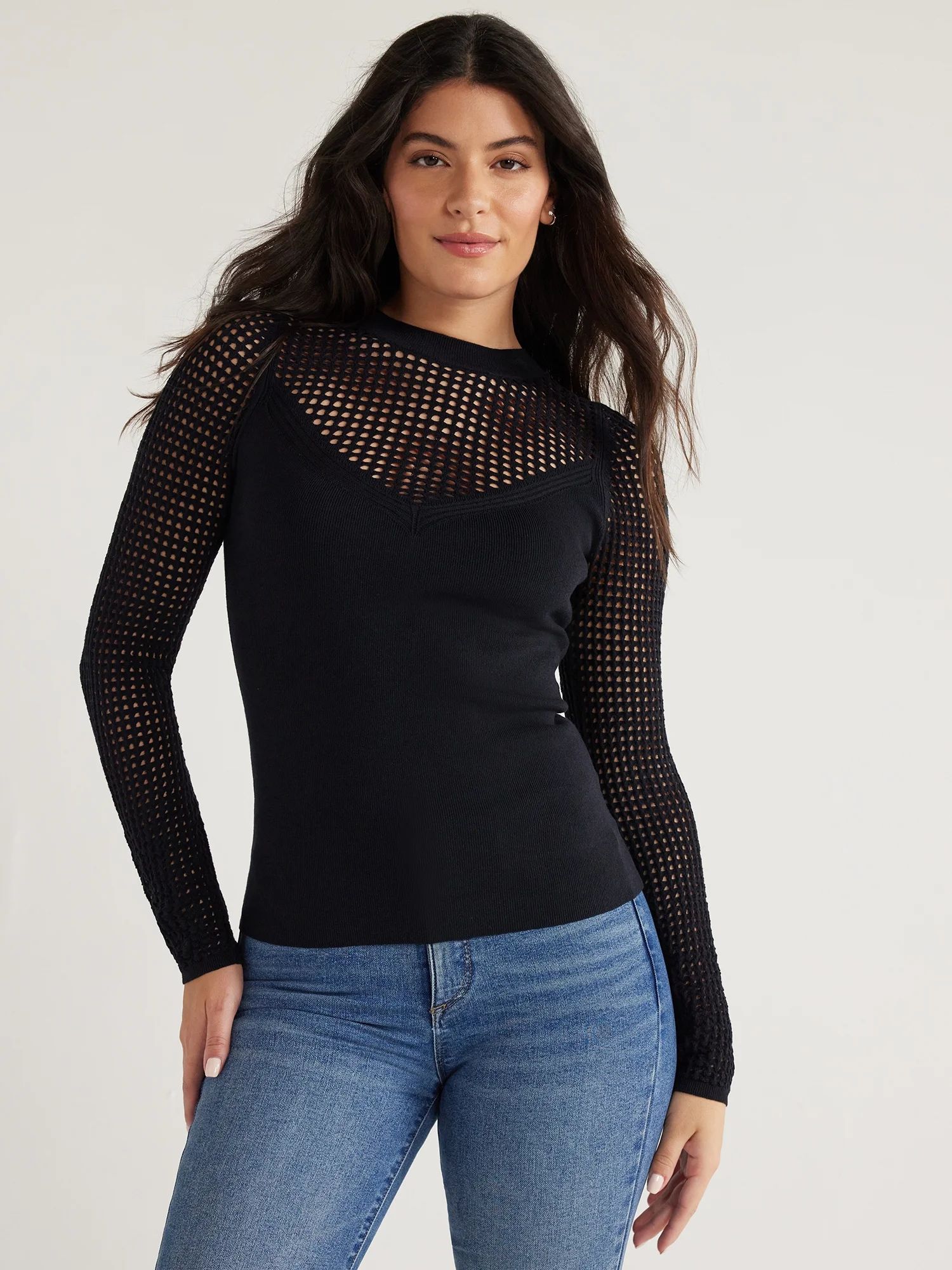 Sofia Jeans Women's V-Neck Mesh Pullover Sweater with Sheer Long Sleeves, Lightweight, Sizes XS-2... | Walmart (US)