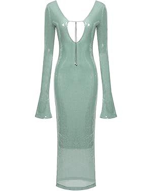 meilun Deep V Dress with Drawstring Long Sleeve Sequin Dress for Women Long Gown | Amazon (US)