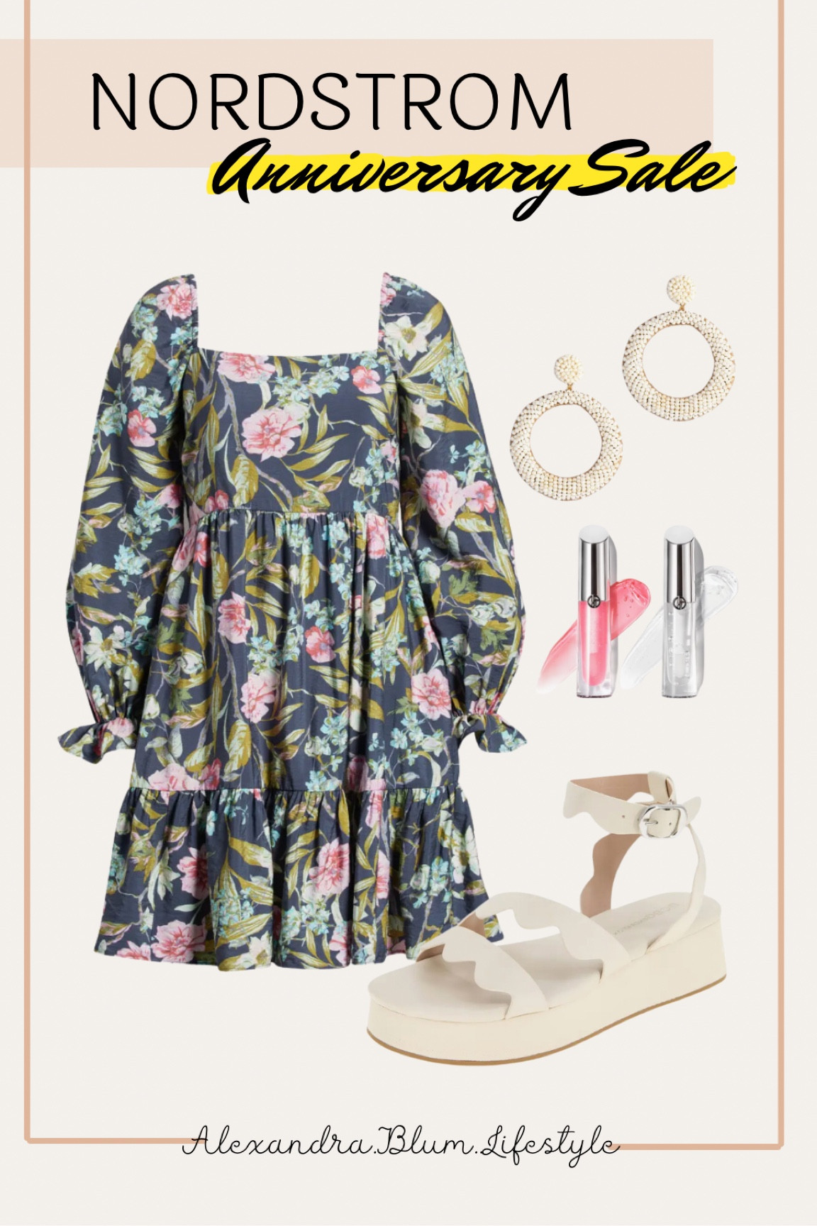 Nordstrom anniversary sale outfit idea with a tropic flower baby doll dress, white beaded earrings, and platform white sandals! Cute summer outfit idea! Vacation outfit! 

#LTKxNSale #LTKTravel #LTKShoeCrush