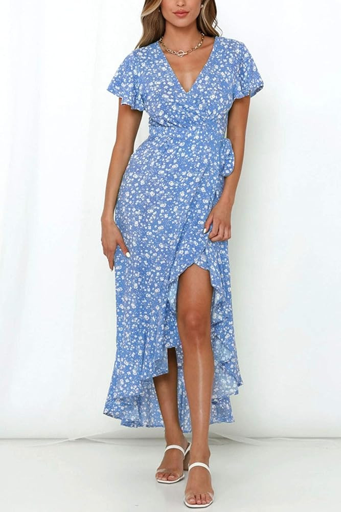ZESICA Women's Summer Bohemian Floral Printed Wrap V Neck Beach Party Flowy Ruffle Midi Dress | Amazon (US)