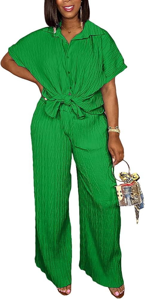 Casual Two Piece Set for Women - Button Down Shirt and Wide Leg Pants Matching Set Tracksuits | Amazon (US)
