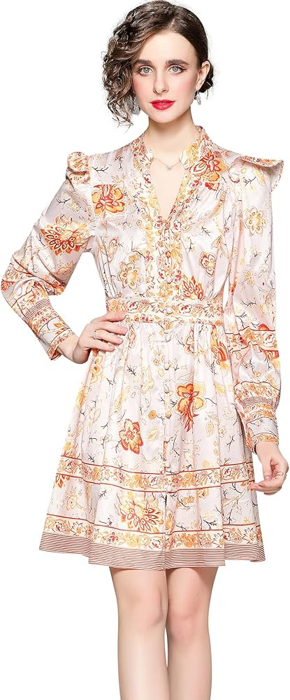 LAI MENG FIVE CATS Women's Floral Print V-Neck Button up Lantern Sleeve Casual Mini Dress | Amazon (US)